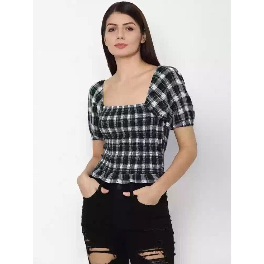 American Eagle Outfitters Black and White Plaid Smocked Crop Top